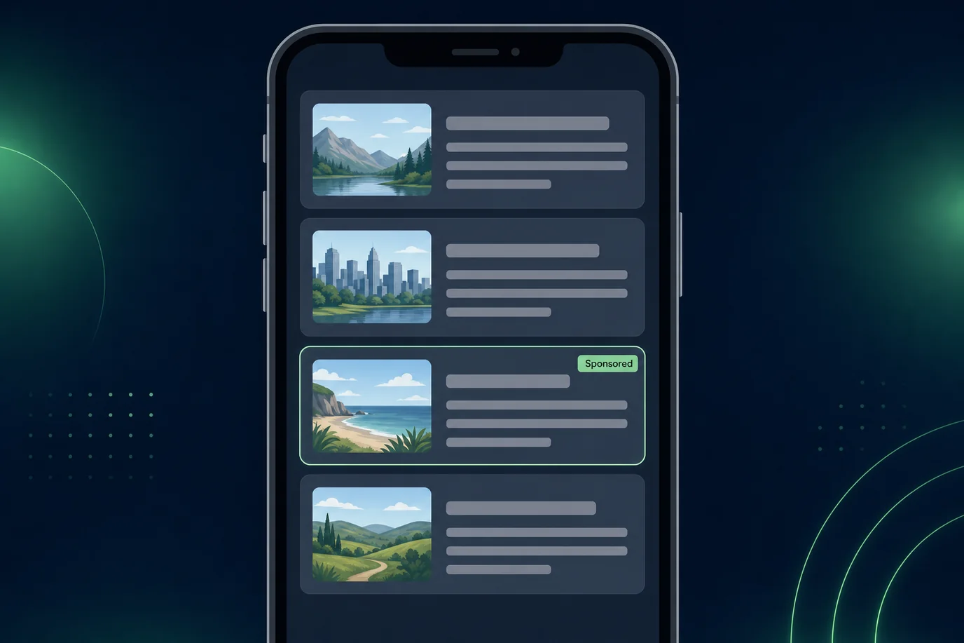 News feed on a phone where one native ad card with a Sponsored label looks like a regular article