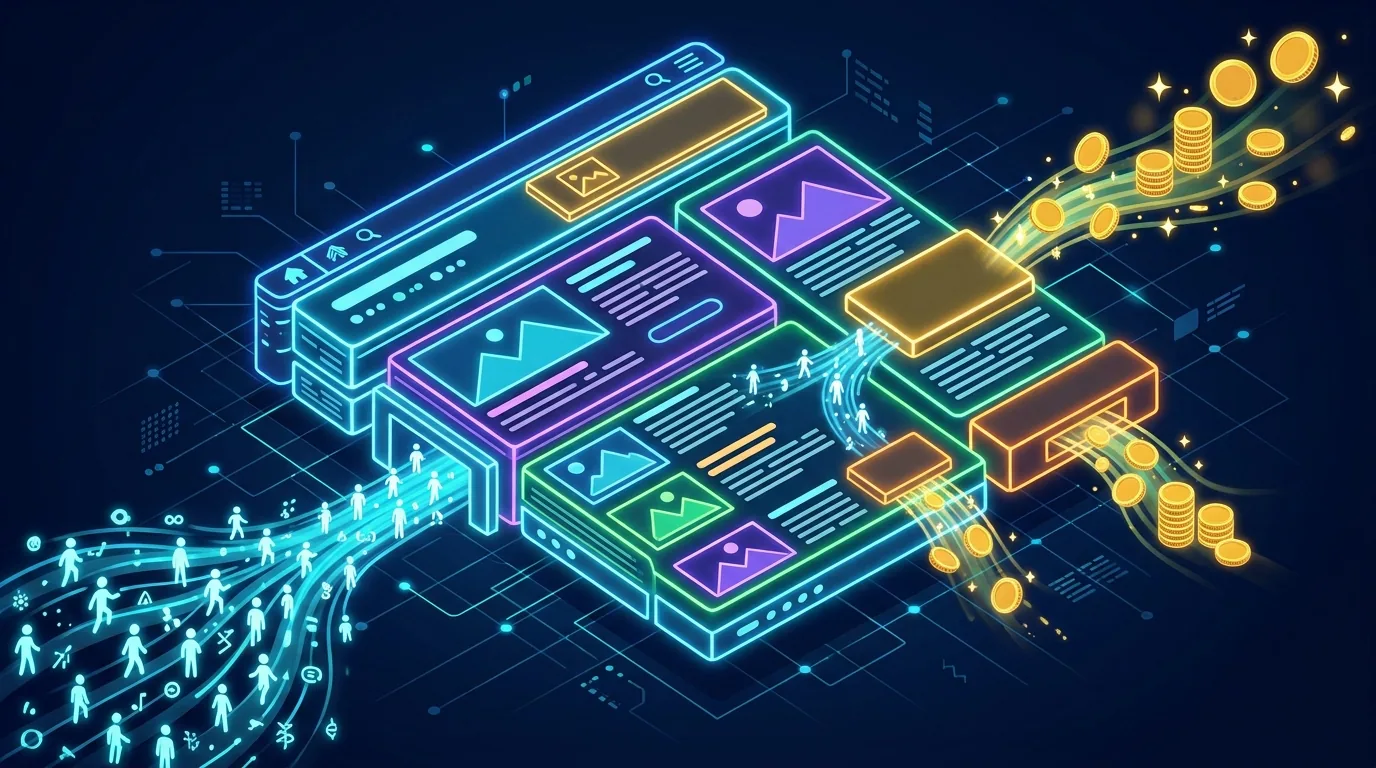 Website built from content blocks and ad slots turning visitor traffic into revenue