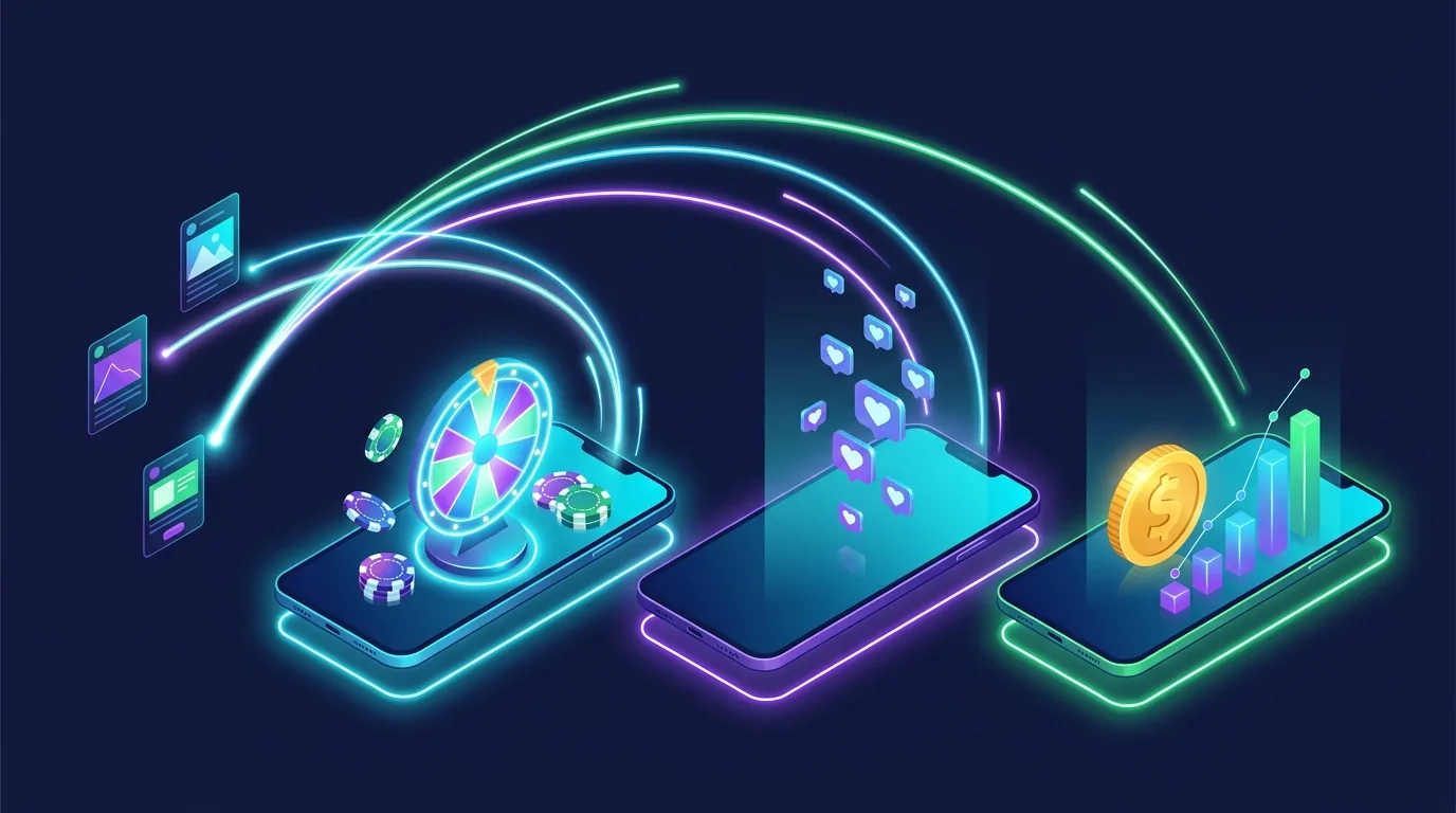 Three smartphone landing pages for iGaming, dating and finance offers receiving ad traffic