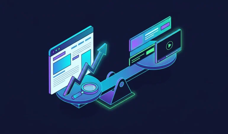 Website balancing search ranking growth against banner, sticky and video ad units