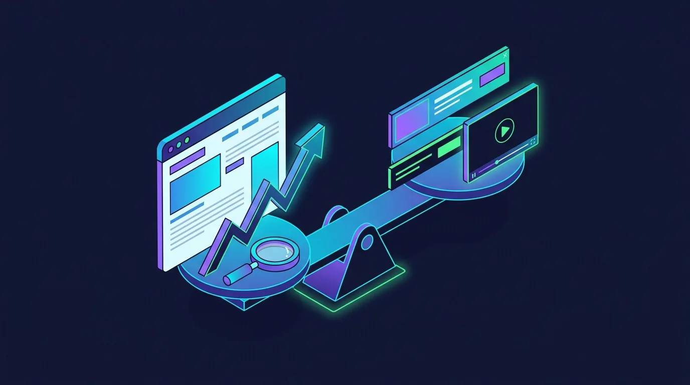 Website balancing search ranking growth against banner, sticky and video ad units