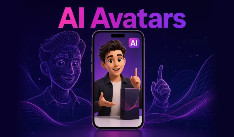 AI avatar presenter in a mobile video ad marked with an AI badge