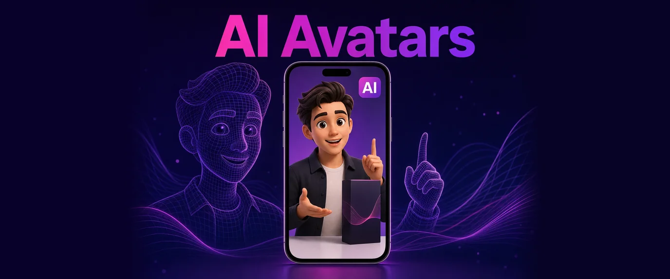 AI avatar presenter in a mobile video ad marked with an AI badge