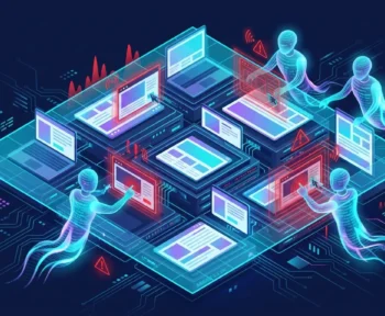 Autonomous AI bot agents clicking ad banners while a detection grid flags them