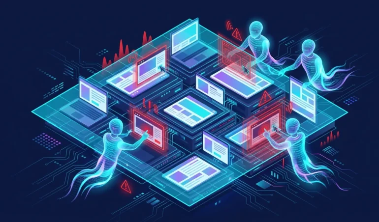 Autonomous AI bot agents clicking ad banners while a detection grid flags them