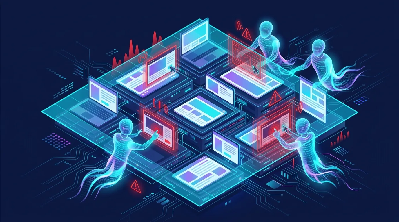 Autonomous AI bot agents clicking ad banners while a detection grid flags them