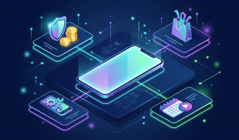 Smartphone surrounded by ad creatives for finance, e-commerce, utilities and subscription offers