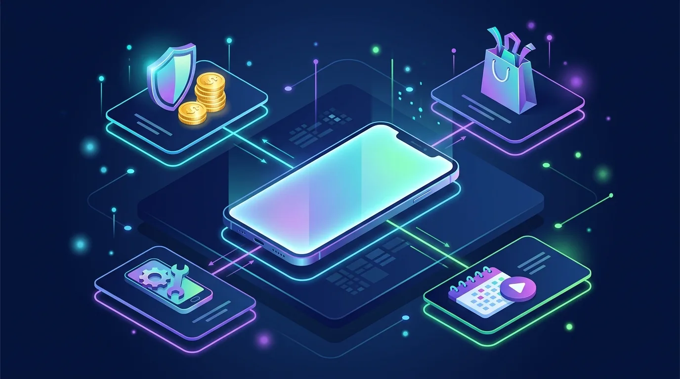 Smartphone surrounded by ad creatives for finance, e-commerce, utilities and subscription offers