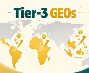 Tier-3 GEOs: Latin America, Africa and Southeast Asia highlighted on a world map with rising revenue
