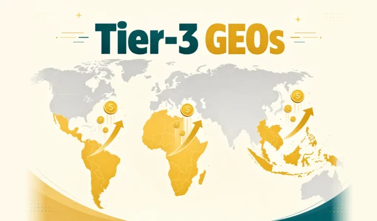 Tier-3 GEOs: Latin America, Africa and Southeast Asia highlighted on a world map with rising revenue