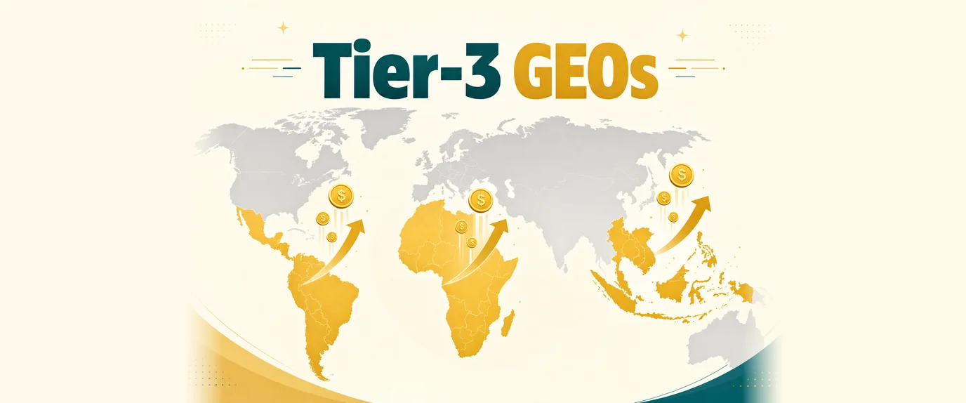 Tier-3 GEOs: Latin America, Africa and Southeast Asia highlighted on a world map with rising revenue