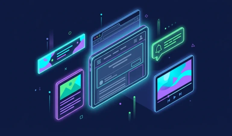 Main screen surrounded by banner, native, push notification and video ad formats