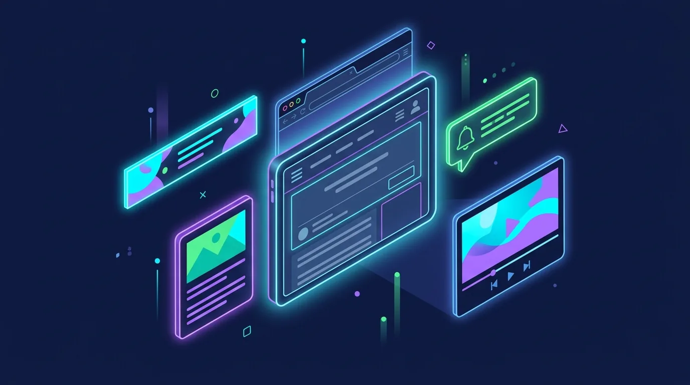 Main screen surrounded by banner, native, push notification and video ad formats