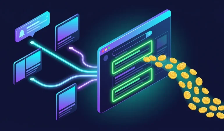 Push and native ad traffic flowing to a search results page with sponsored results that earn revenue
