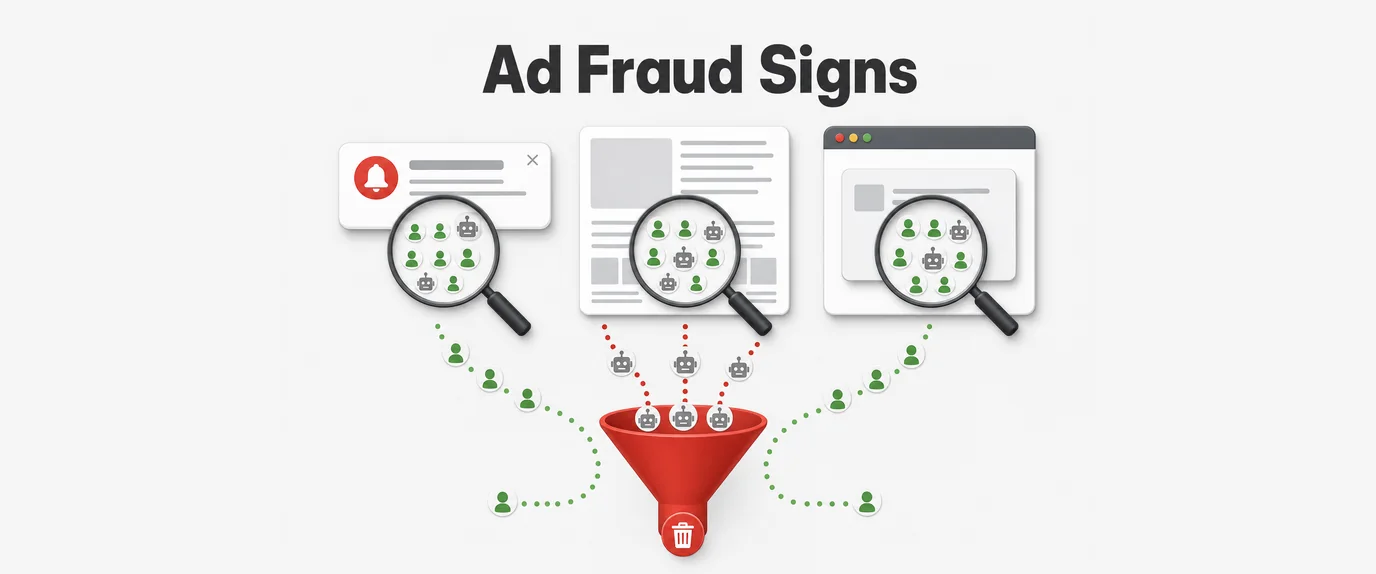 Ad fraud signs: bots hidden among users in push, native and pop traffic are caught by a filter