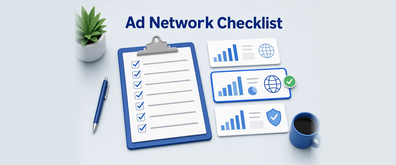 Ad network checklist on a clipboard next to three ad network dashboards, one of them chosen