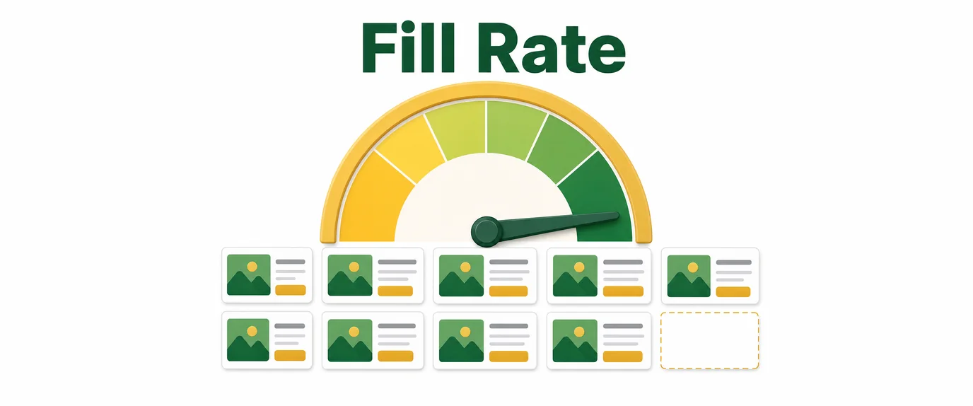Fill rate: a gauge near the maximum above a grid of ad slots where almost every slot is filled