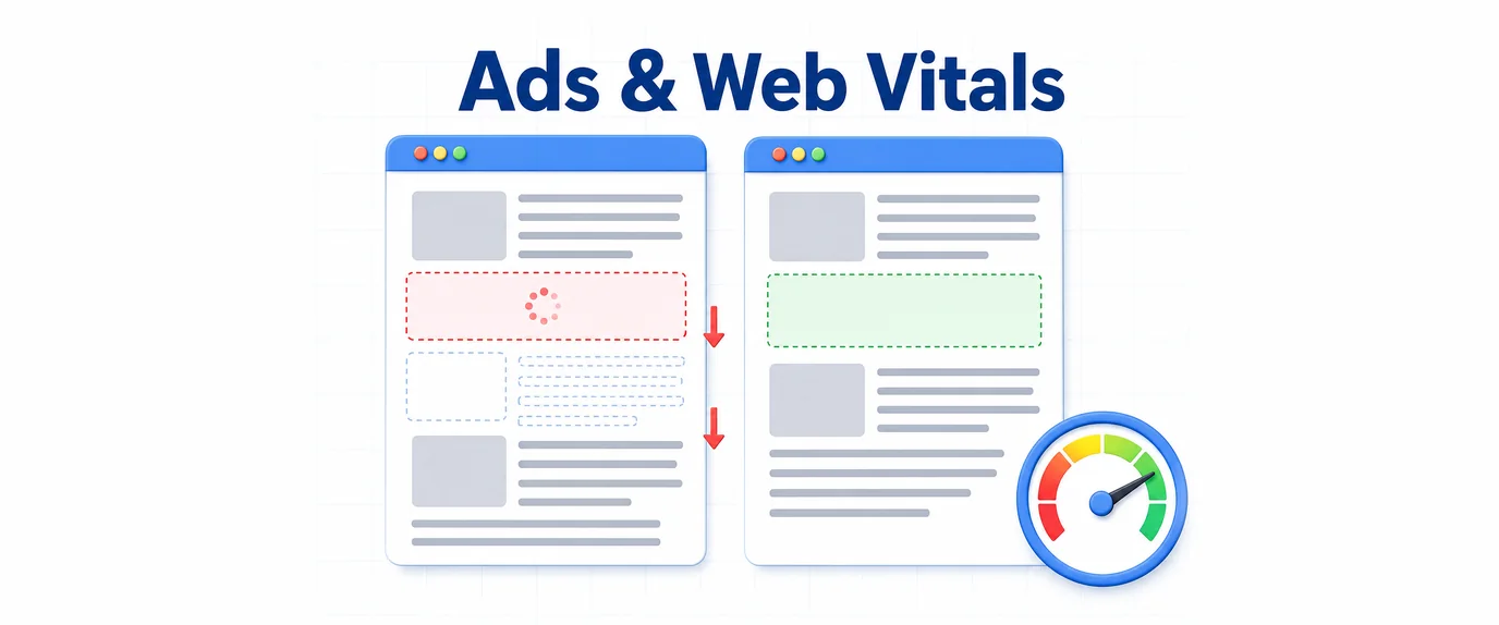 Ads and Web Vitals: a late ad pushes content down on one page, a reserved ad slot keeps the other page stable