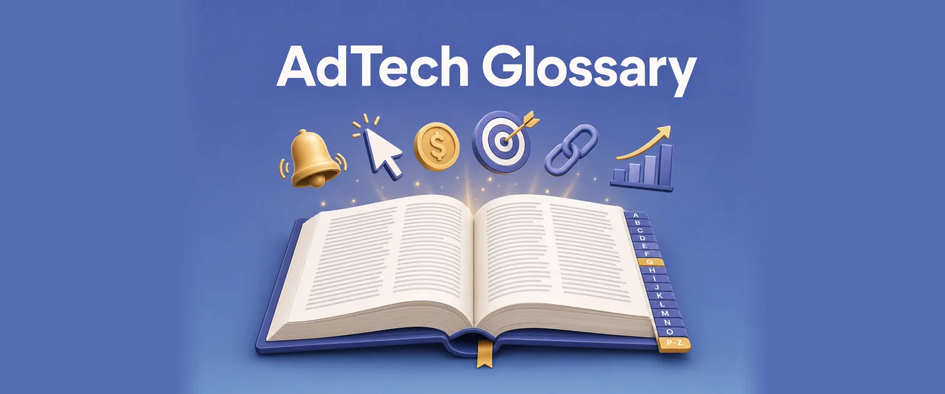 AdTech glossary: an open dictionary with alphabet tabs and adtech icons above it