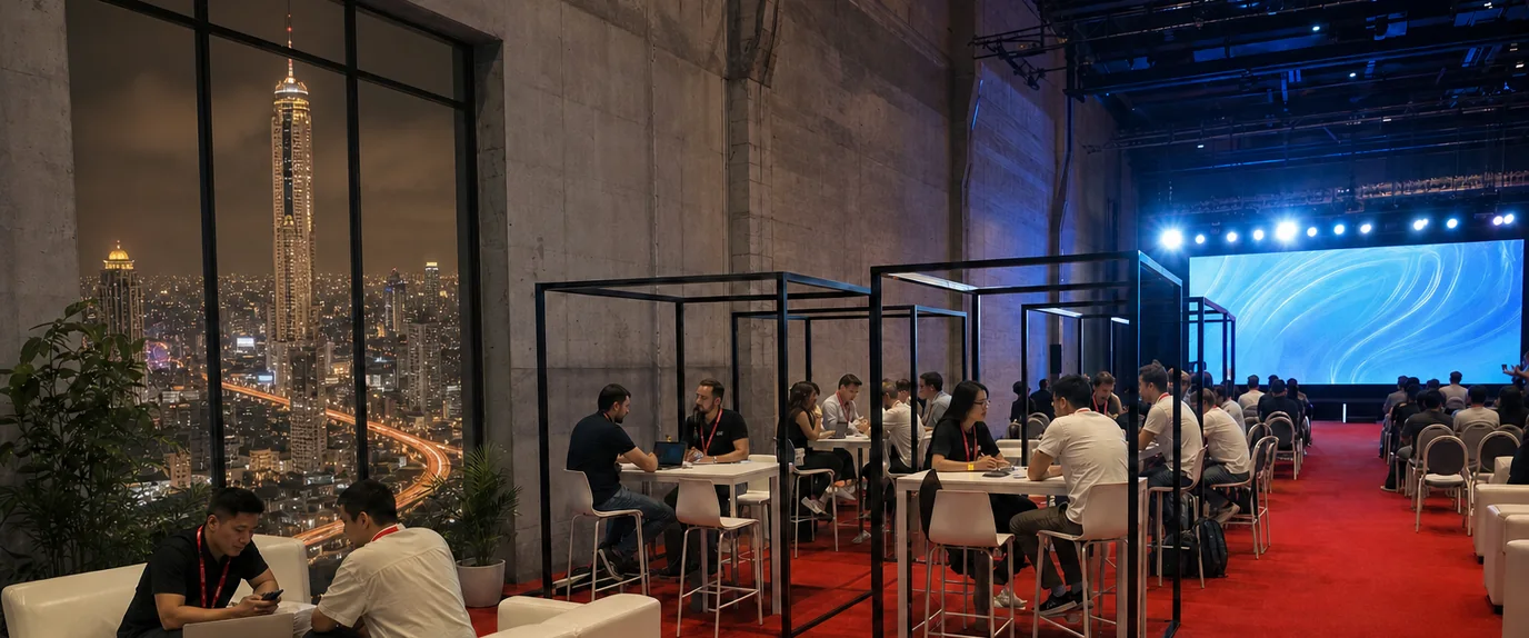 Affiliate marketing conferences for media buyers: one-to-one partner meetings in the networking zone of a conference in Bangkok