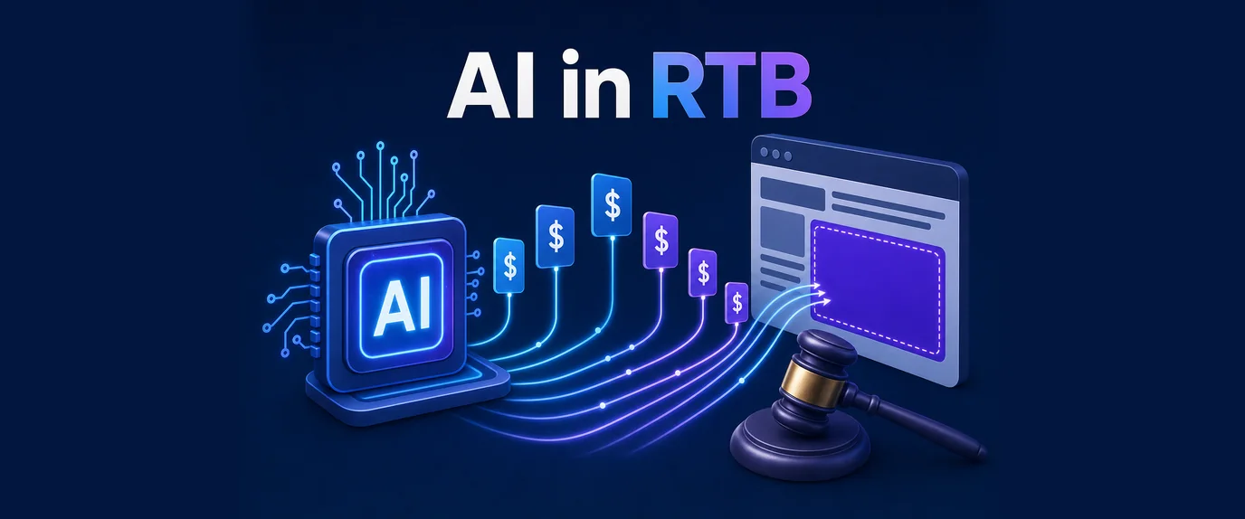 AI in RTB: an AI chip adjusts bids flowing to an ad slot next to an auction gavel