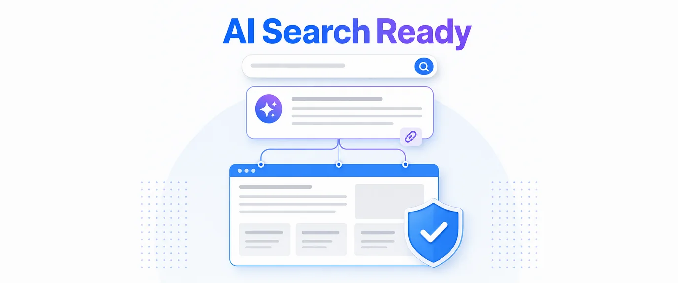 AI search ready: an AI answer in search links back to a website marked as prepared for AI search