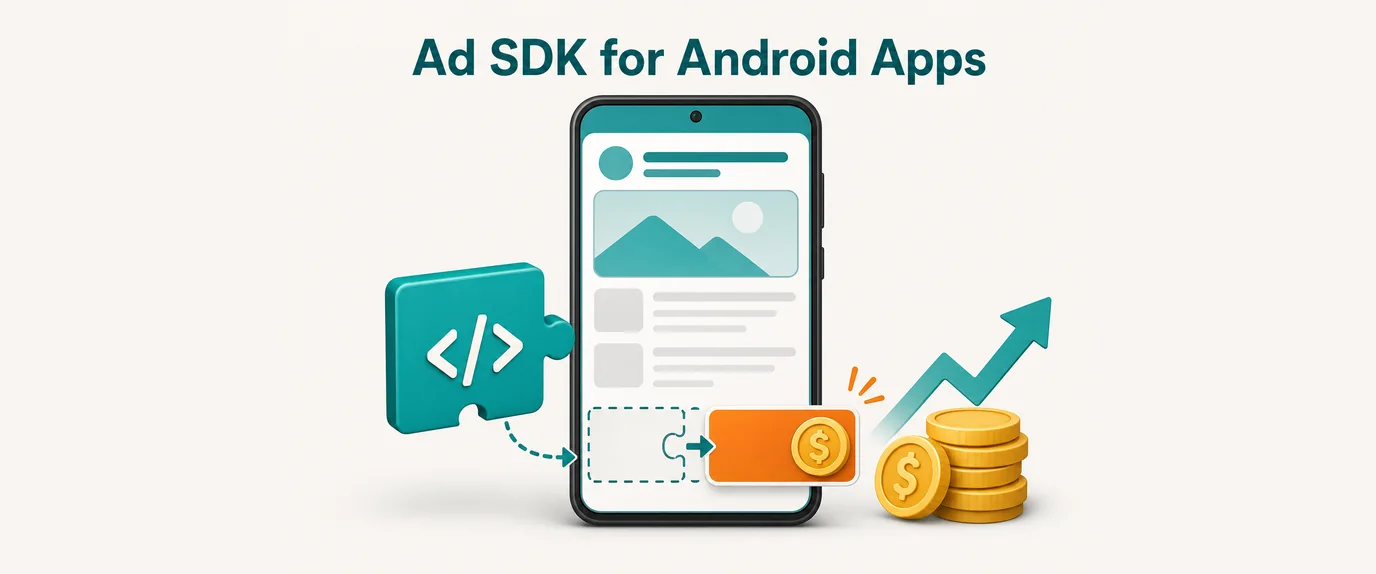 Ad SDK for Android apps: a code module plugs into an app and fills its banner slot, so the app starts earning