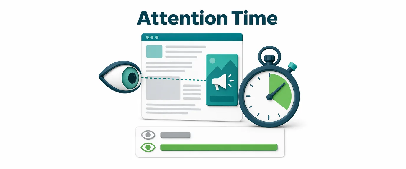 Attention time: an eye and a stopwatch measure how long an ad is actually looked at, compared with a short viewable time
