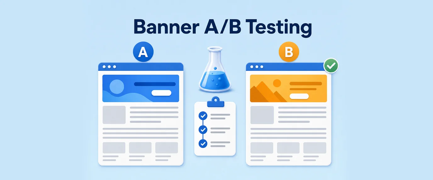 Banner A/B testing: the same page with banner A and banner B, B wins, with a test checklist