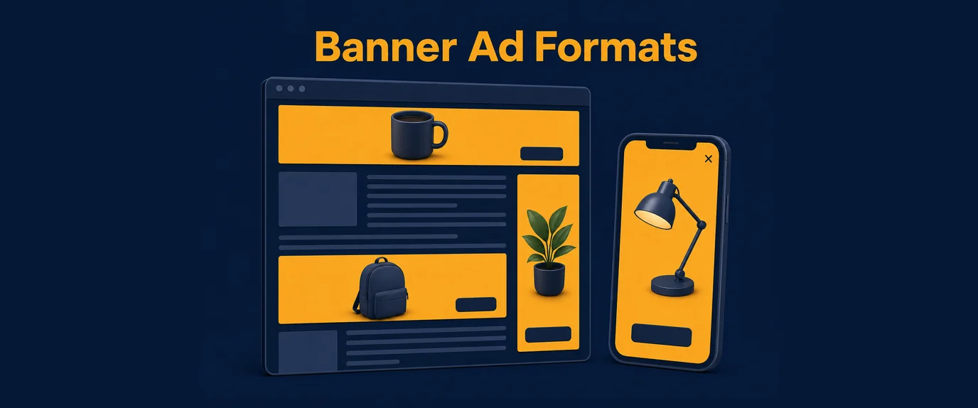 Banner ad formats: leaderboard, skyscraper and in-content rectangle on a web page, and a mobile interstitial