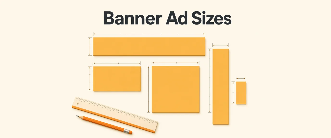 Banner ad sizes: leaderboard, rectangle, square, skyscraper and mobile banner shapes with measurement marks