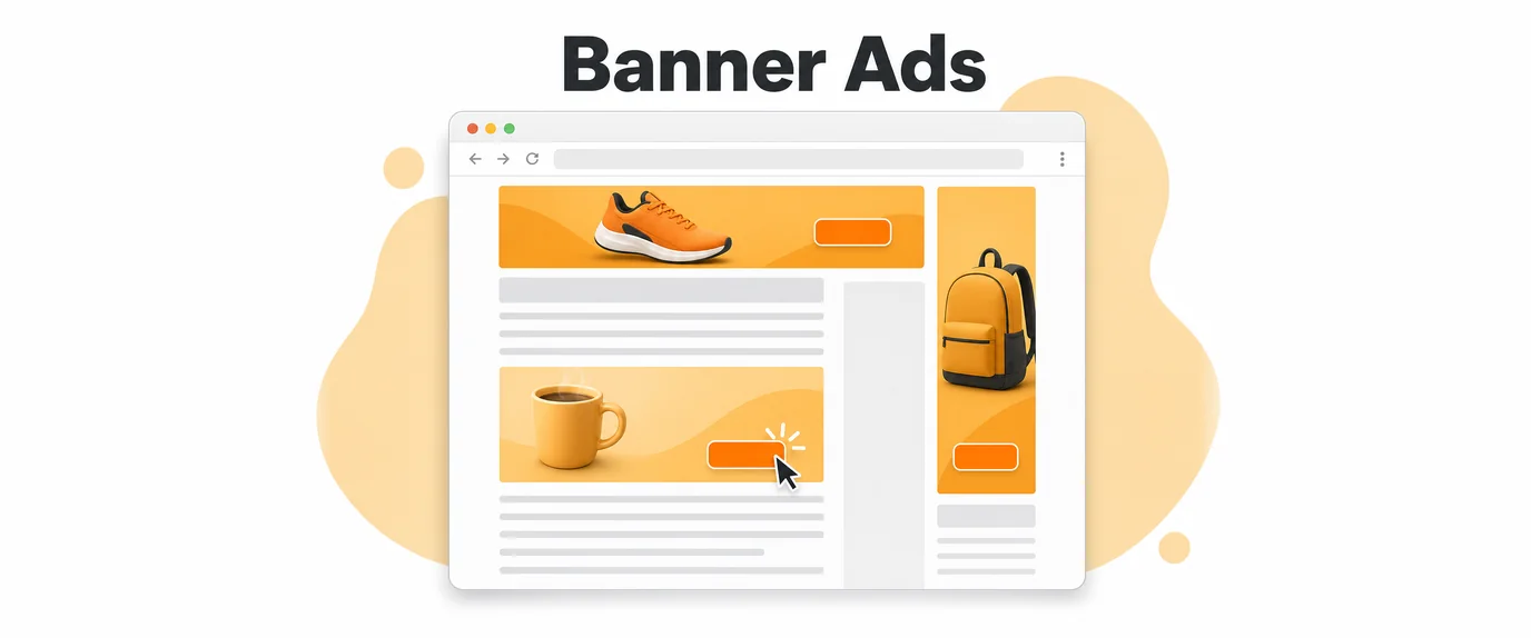 Website with banner ads in leaderboard, sidebar and in-content positions, a cursor clicking a banner button