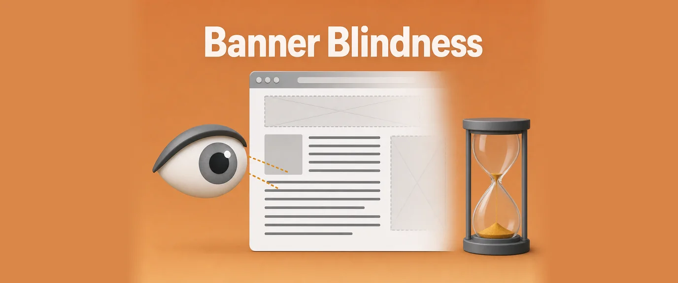 Banner blindness: an eye reads the article while the banner slots on the page fade out of attention
