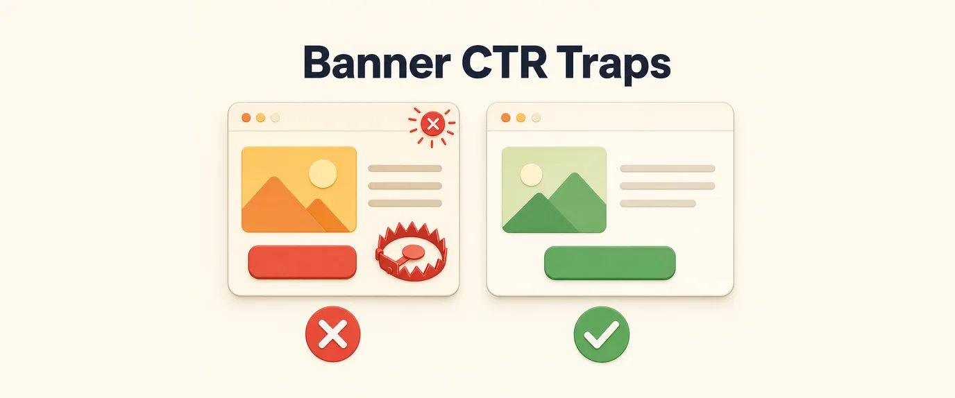 Banner CTR traps: a banner with fake buttons and a trap marked wrong next to a clean banner with one clear button marked right