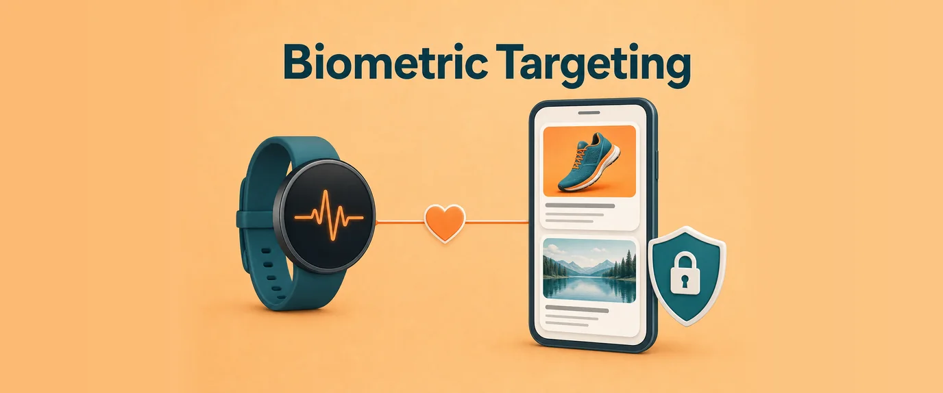 Biometric targeting: a pulse reading from a fitness band selects an energetic or calm ad, behind a privacy shield