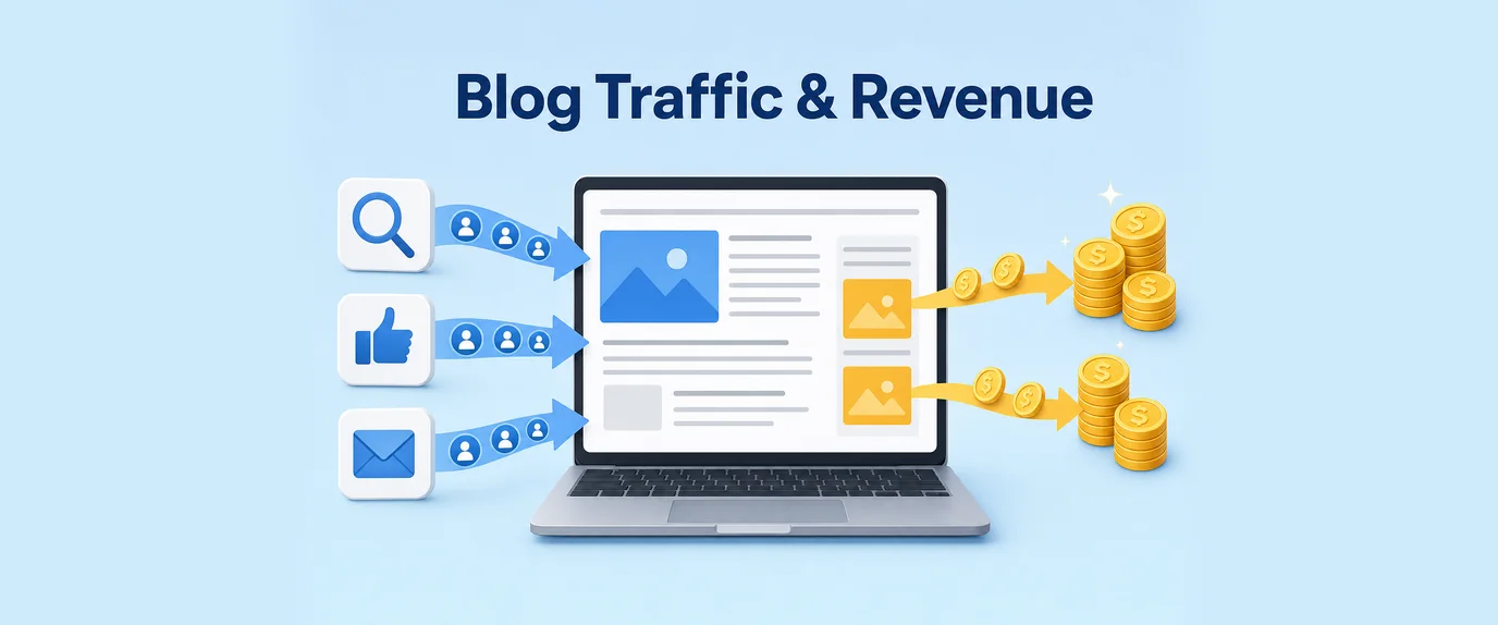 Blog traffic and revenue: visitors from search, social and email flow into a blog page and coins flow out of its ad slots