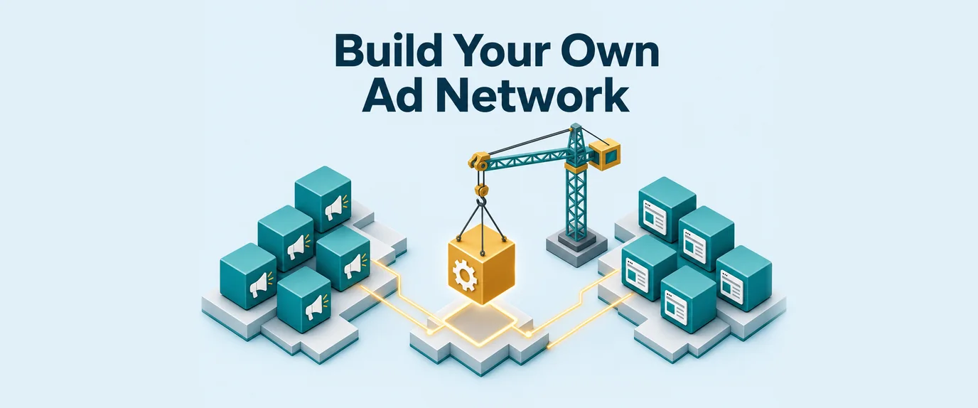 Build your own ad network: a crane places the central hub between advertiser blocks and publisher blocks