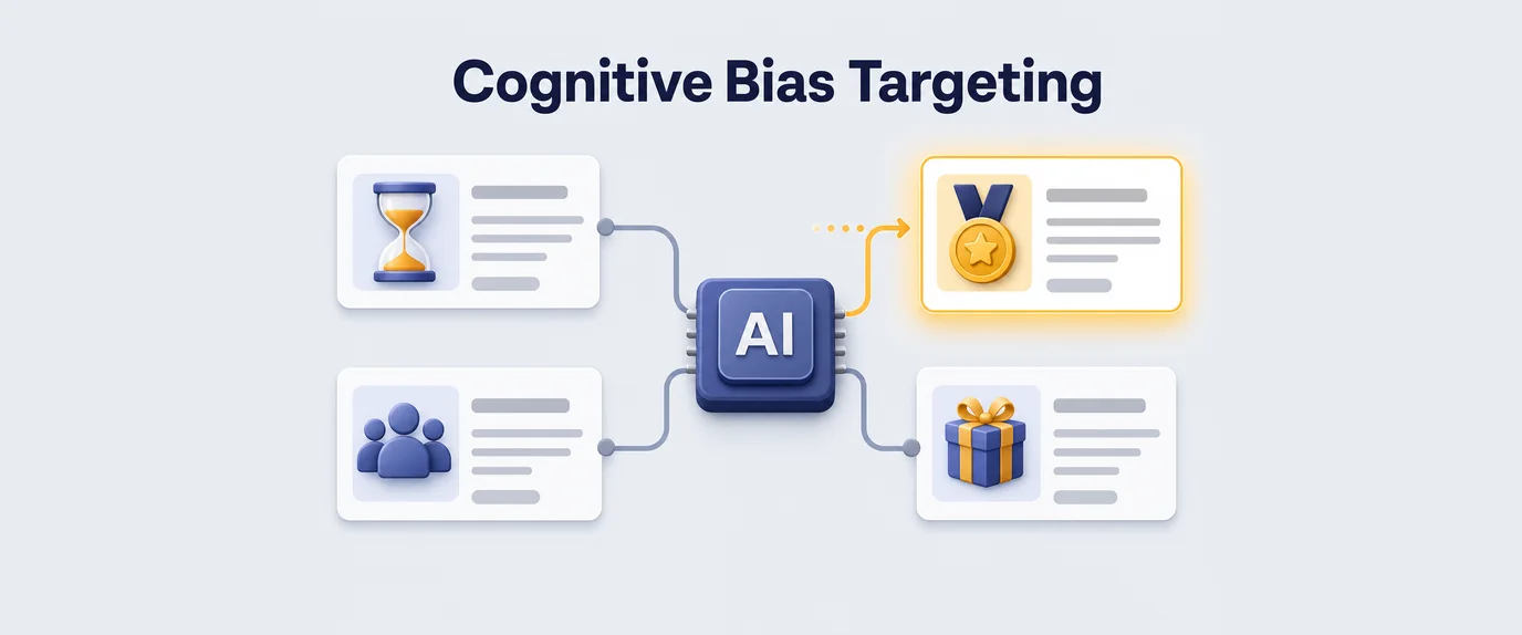 Cognitive bias targeting: an AI chip picks an ad built on scarcity, social proof, authority or reciprocity