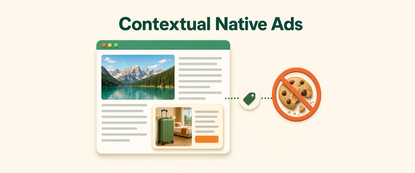 Contextual native ads: a travel article shows a native ad for luggage and hotels matched by page topic instead of cookies