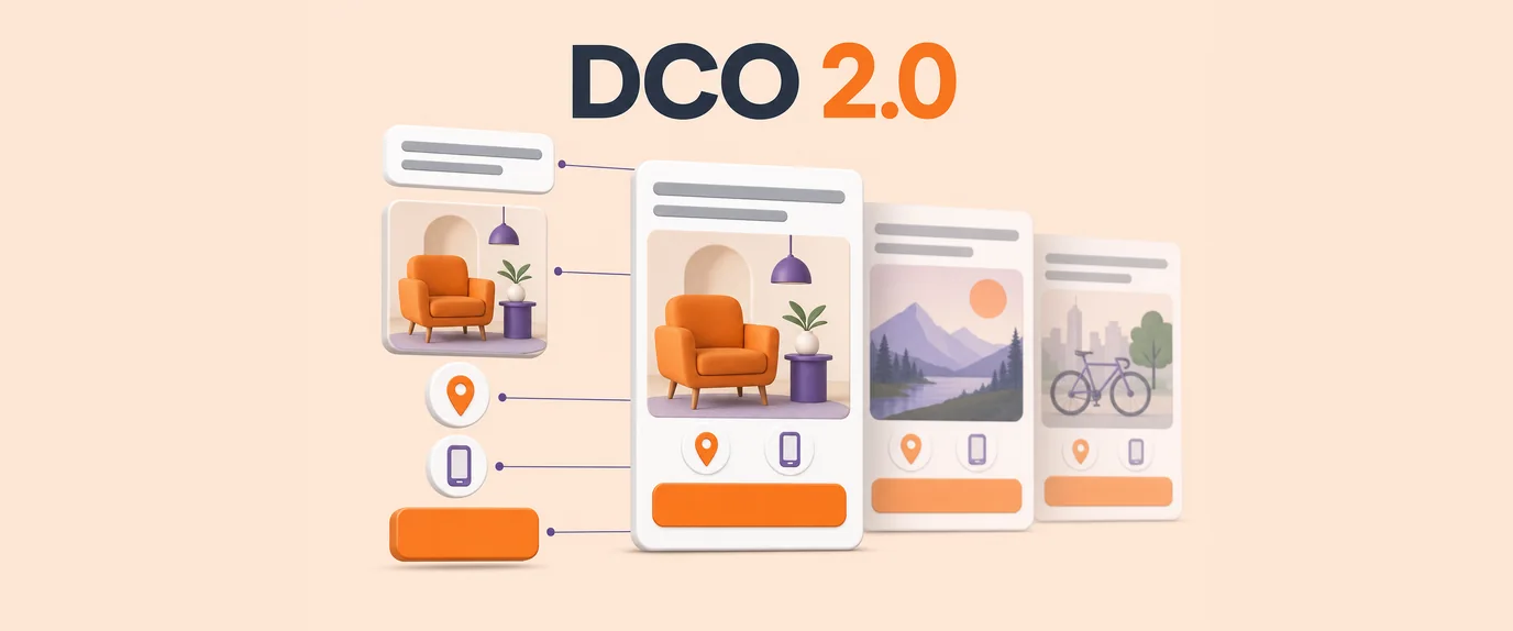 DCO 2.0: headline, image, location and device tokens and a button assembled into one native ad, with other variants behind