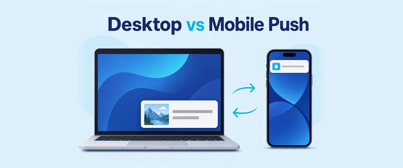 Desktop vs mobile push: a large desktop notification with an image versus a compact one on a phone