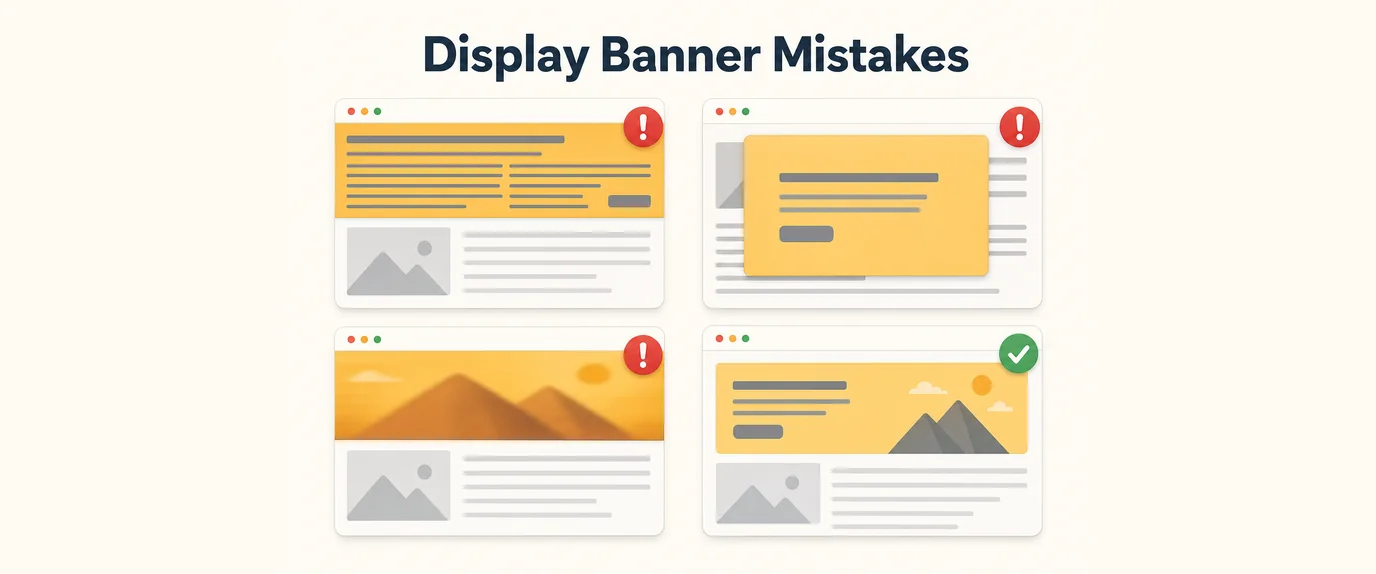 Display banner mistakes: banners overloaded with text, covering content or blurry, next to one clean banner marked right