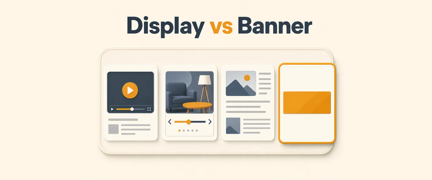 Display vs banner ads: video, rich media, native and banner cards inside the display family, with the banner highlighted