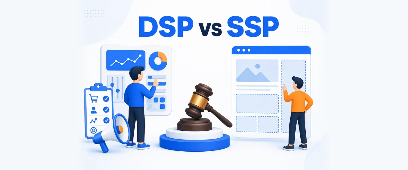 DSP vs SSP: an advertiser at a buying dashboard, a website owner with ad slots and an auction gavel between them