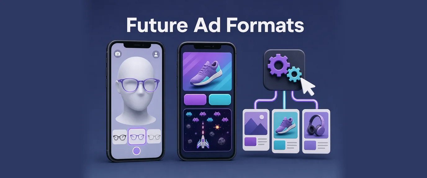 Future ad formats: AR try-on on a phone, an interactive ad with a mini game, and an automation module building ad variants