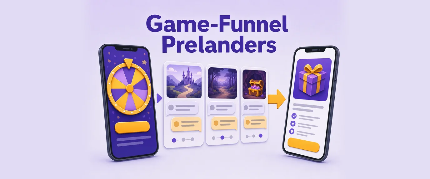 Game-funnel prelanders: a spin wheel and a step-by-step story lead the user to the offer page