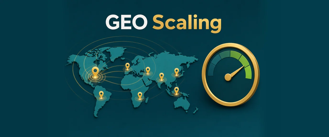 GEO scaling: new locations light up on a world map while an ROI gauge stays in the green