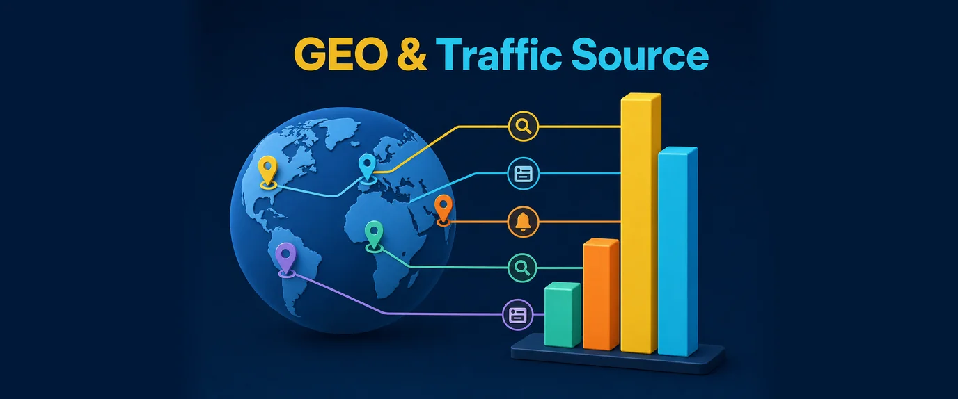 GEO and traffic source: locations on a globe linked to search, feed and push sources and to bars of different height