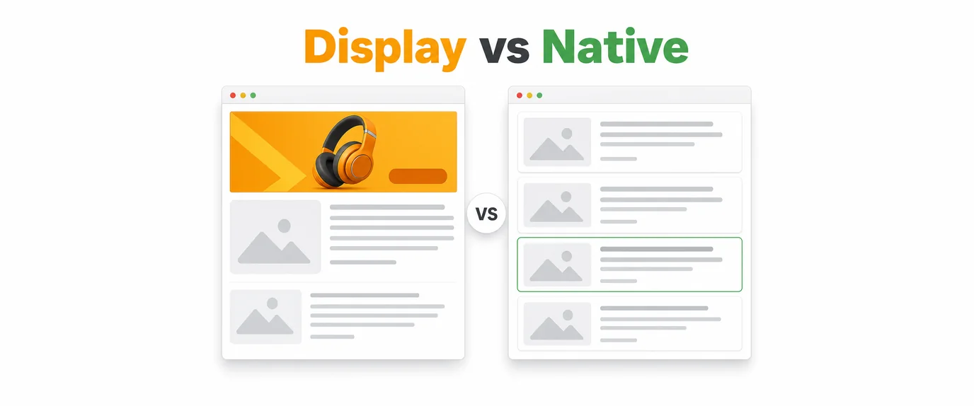 Display vs native: a large billboard banner on one page versus a native card blending into a news feed