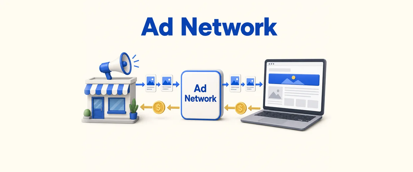 How an ad network works: ads go from the advertiser through the ad network to a publisher website, money flows back